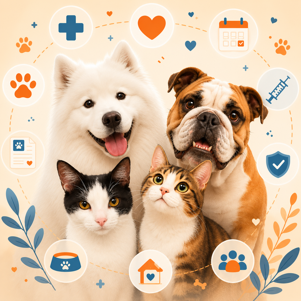 Cão, gato e bulldog cercados por ícones de saúde e cuidados do pet
