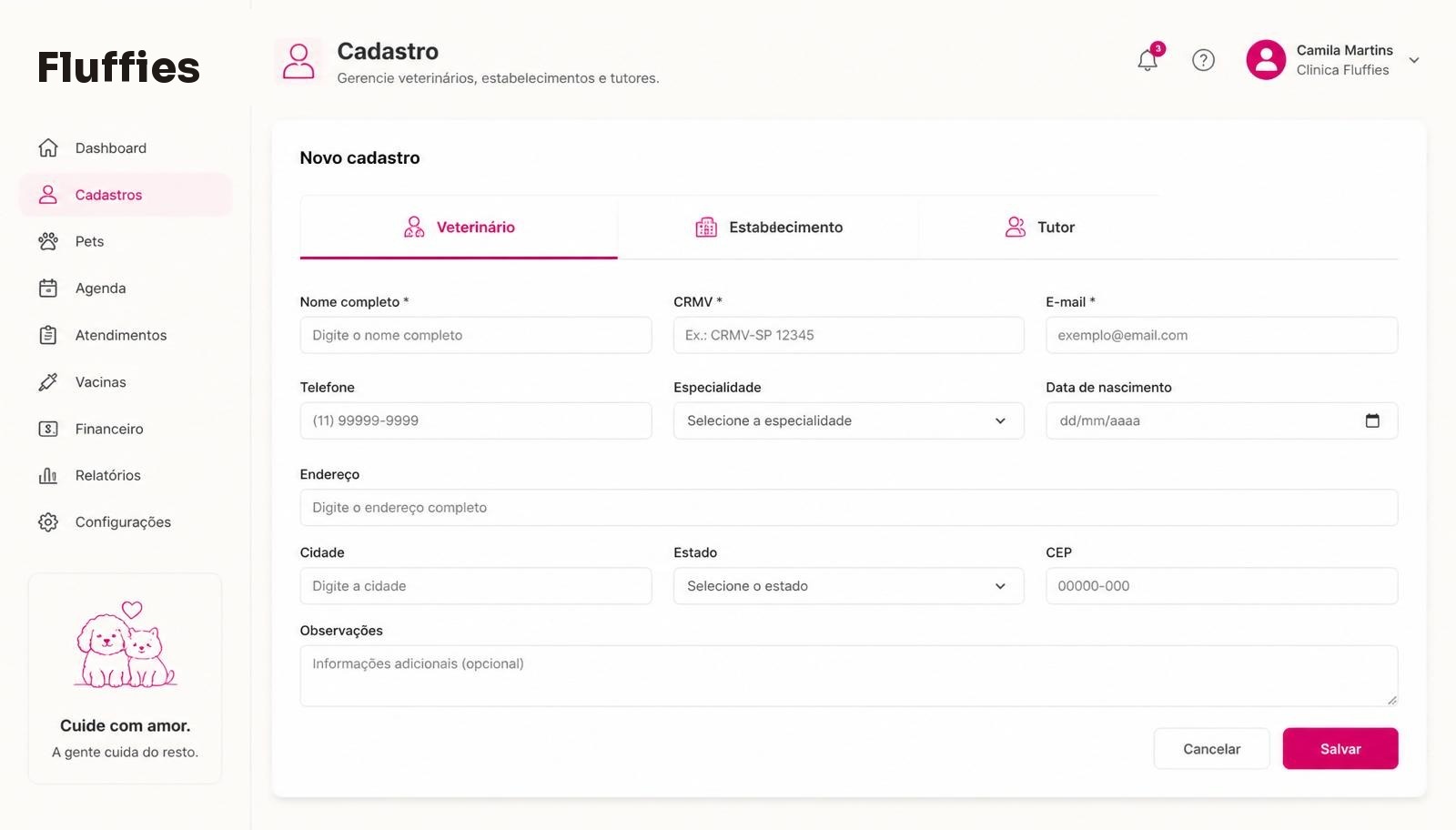 Painel de adicionar registro com abas separadas para Veterinário, Estabelecimento e Tutor.