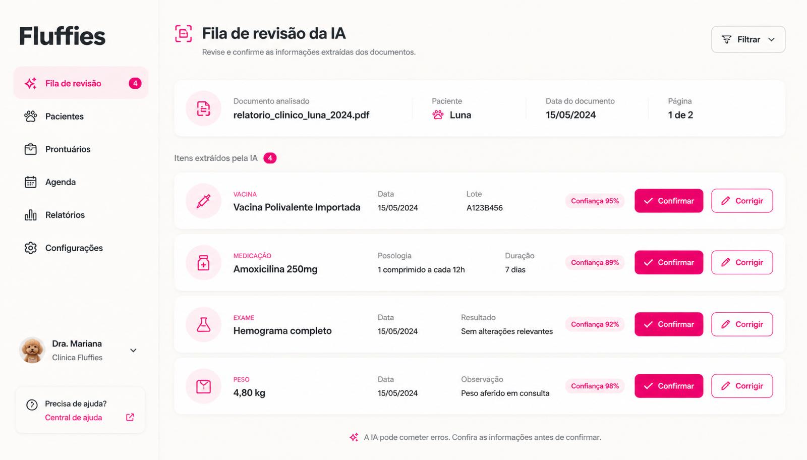 Tela de revisão: cada registro extraído mostra nível de confiança e botões Confirmar / Corrigir.