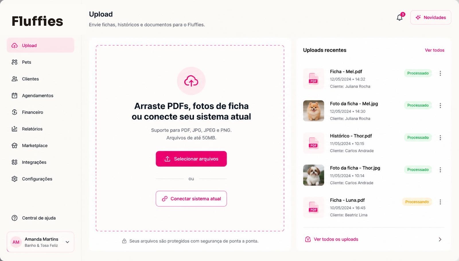 Tela de upload: arraste PDFs e fotos, ou conecte seu sistema atual.