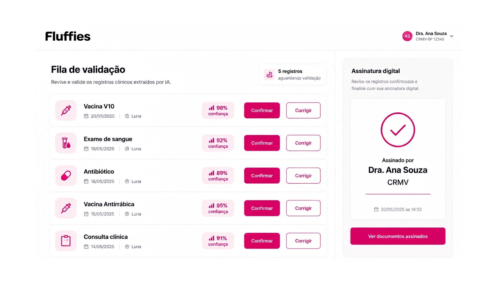 Fila de validação com registros extraídos pela IA e painel de assinatura digital do veterinário.